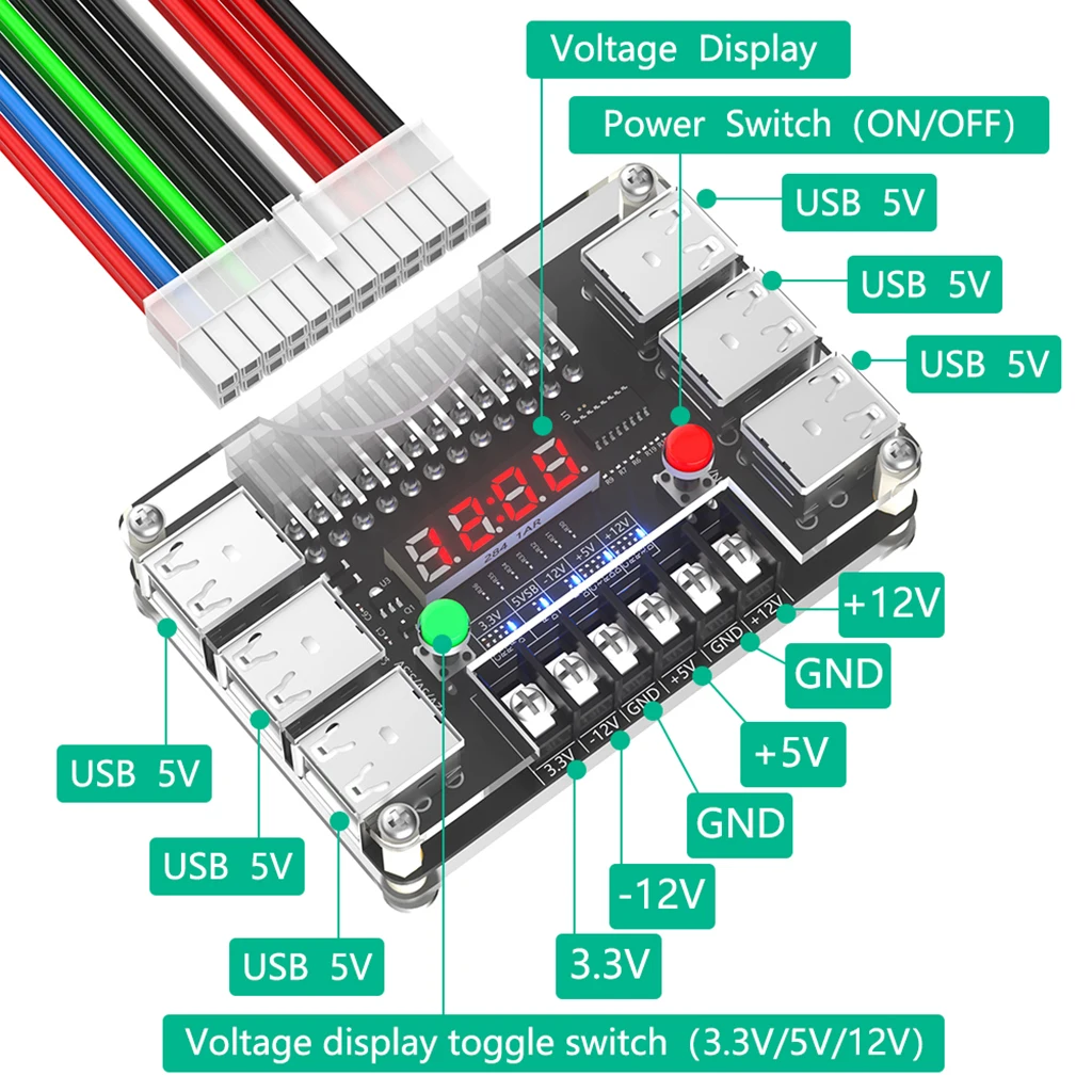 USB ATX 전원 공급 장치 브레이크 아웃 보드, 아크릴 케이스 지지대, 출력 전압 3A, 최대 출력, 12 포트, 3.3V, 5V, 12V -12V
