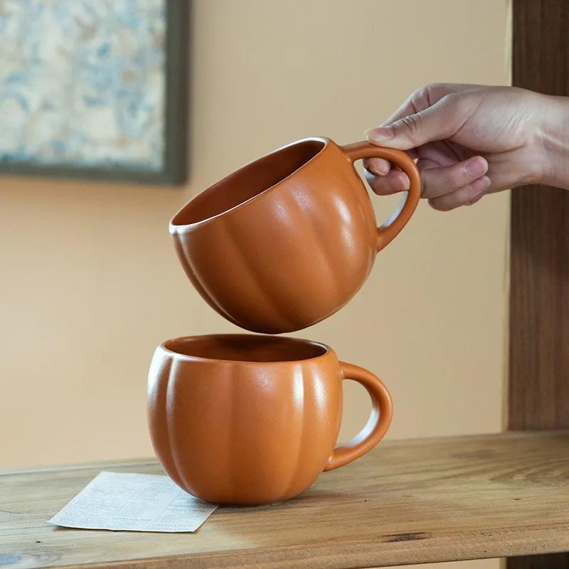 Hot Cute Pumpkin Shape Home Durable Ceramic Mug Large Capacity Drinking Water Coffee Cups with Handle Halloween Decoration Cup
