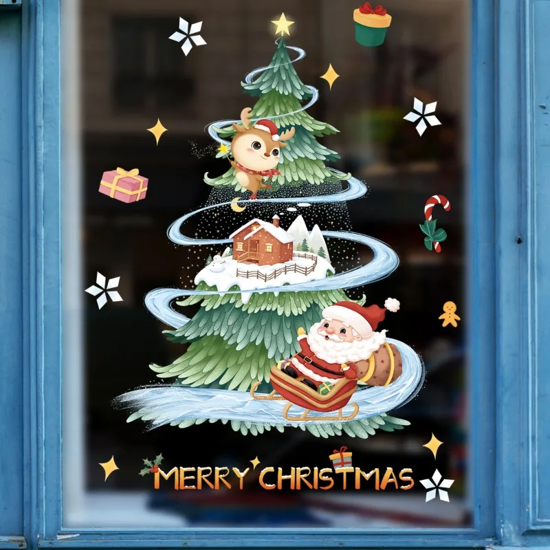Cartoon Christmas Window Wall Stickers Noel Xmas Tree Static Electricity Wreath Santa Merry Christmas
