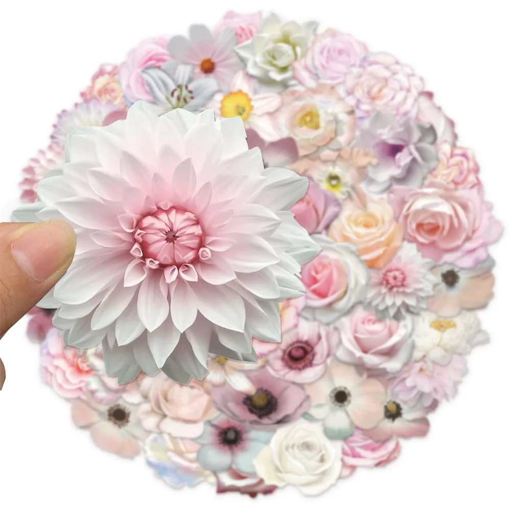 50 Stück rosa Blumen-PET-Kunststoff-Aufkleber, dekorative Handyhüllen, Laptops, Tassen, Skateboards, DIY, wasserfeste Aufkleber – Detail 3