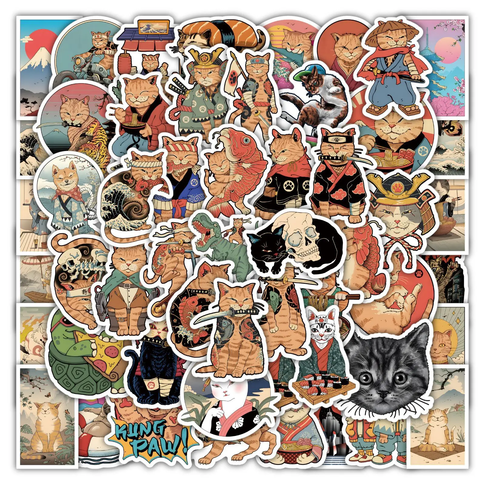 

10/30/50PCS Cute Samurai Cat Stickers Kids Toy Gift DIY Laptop Phone Fridge Notebook Car Cool Animals Sticker Graffiti Decals