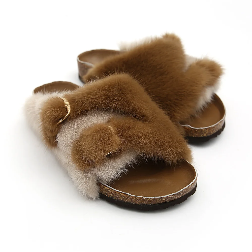 Women Natural Mink Fur Slipper Fashion Mixed Color Indoor Shoes With Metal Buckle Female Flip Flops Outdoor S6097