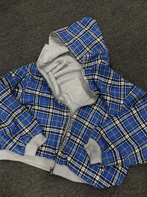 Winter Casual Plaid Print Hoodie Women's Warm Zip-Up