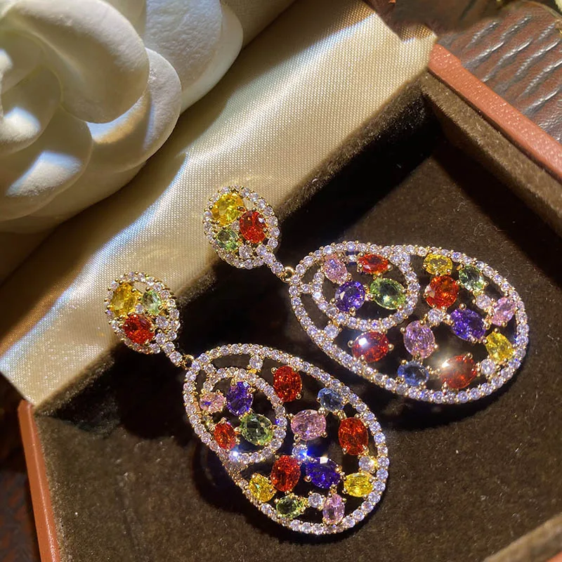 

New Vintage Super Sparkle Court Coloured Oval Zircon Earrings French Colorful Gem Women's Long banquet shiny jewelry