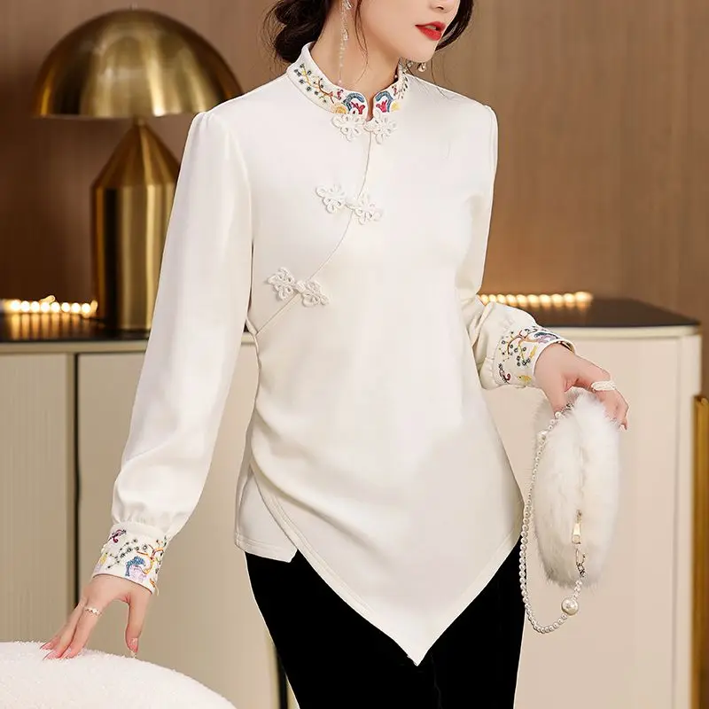 Chemisier Femme Vintage Brodé Col Mao évasé - Noir, Mélange Coton, Neuf Avec étiquettes