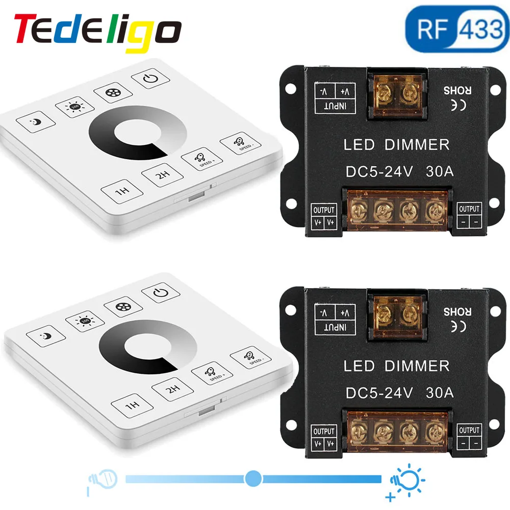 Tedeligo LED Dimmer Switch 433MHz 12V 24V 30A Regulator Adjustable Brightness Controller Wireless Wall Switch for LED Strip Lamp