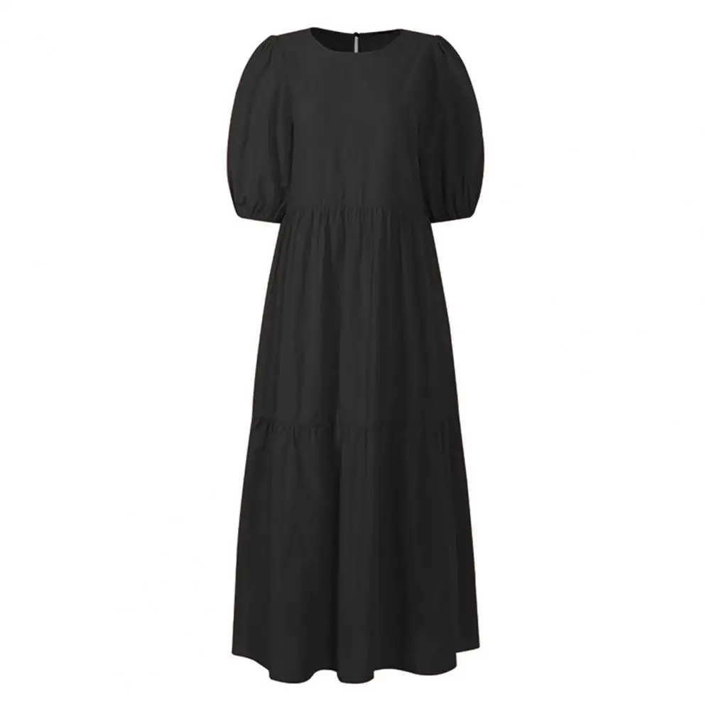 

Fashion Long A-line Dress with Short Sleeves Pleated Big Hem for Women