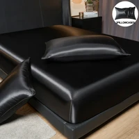 Solid Color Satin Bed Fitted Sheet and Pillowcase Set - Premium Fitted Sheet with 35cm Drop, Includes 2 Pillow Cases 1