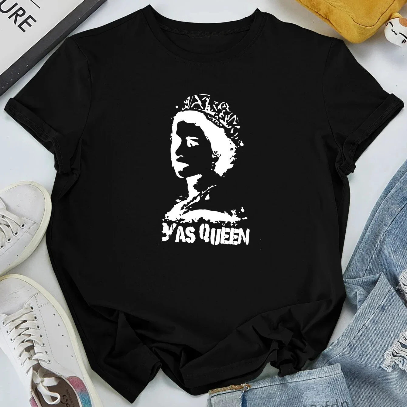 Plus Size Queen Elizabeth Women Man Black T Shirt 2023 Summer Round Neck  Y2K Polyester Tops Casual Yas Queen Print Clothes - AliExpress