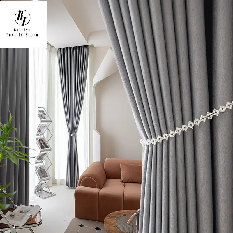 

Modern Japanese Solid Color Gray Curtains for Living Room Bedroom Dining Luxury Wrinkle Texture Pattern Window Drapes Custom