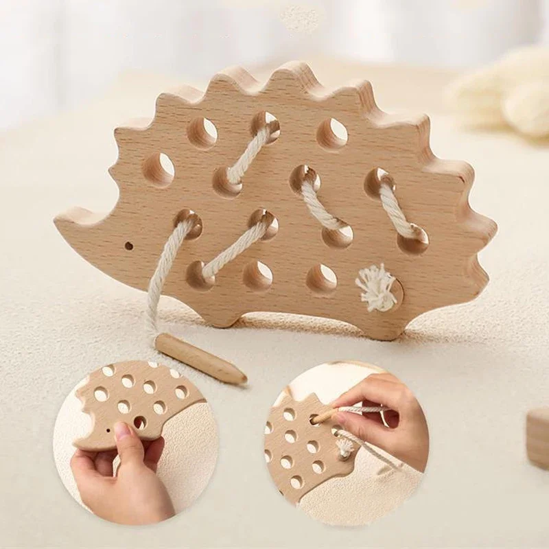 

Wooden Hedgehog Threading Board Kids Montessori Toys Beech Wooden Educational Toy Button Beaded Blocks Puzzle Toy Baby Gifts