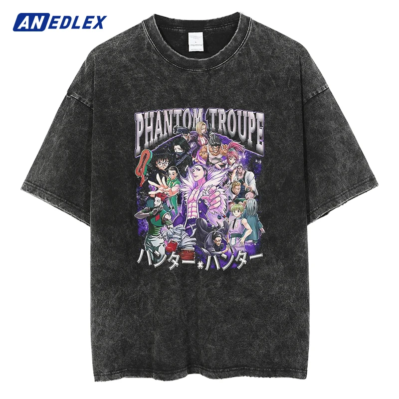 

Men Washed Black Tshirt Fashion Vintage Japanese Anime Print Oversize T-Shirt Streetwear Hip Hop Harajuku Cotton Tees Tops