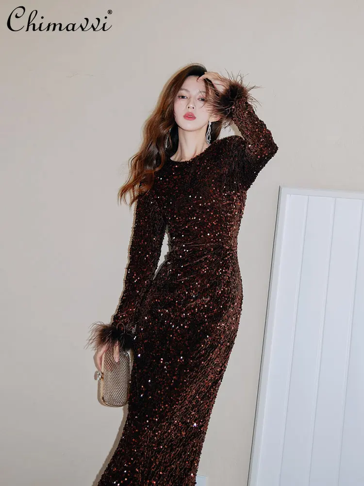 

Luxury Sequined Feather Long-Sleeved Dress 2023 Spring New Fashion High-End Sequin Slim Temperament Lux Mid-length Dress