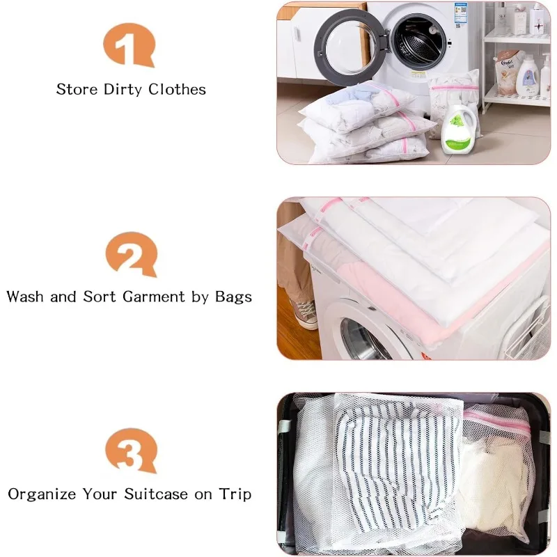 3-Piece Set Laundry Bags - Zippered Mesh Washing Bags for Delicate Undergarments and Household Cleaning 4