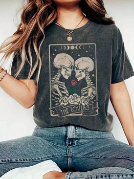 Women'S Gothic Skull Moon and Rose Pattern T-Shirt Soft Casual Spring and Summer Round Neck Short Sleeve Top Machine Washable 1