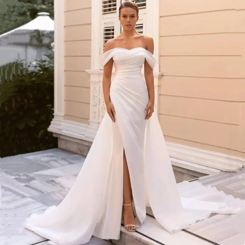 

Off The Shoulder Wedding Dresses With Side Split Pleats Sexy Mermaid Bride Gowns Backless Customize To Measures Robe De Mariee