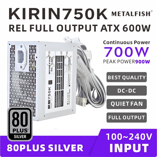 METALFISH KIRIN750K สีขาวแชสซีแหล่งจ่ายไฟ ATX-600W 700W 80PLUS SILVER PSU สนับสนุน ATX3.0 700W อุปกรณ์เสริมโมดูลเต็มรูปแบบ 100-240V 1