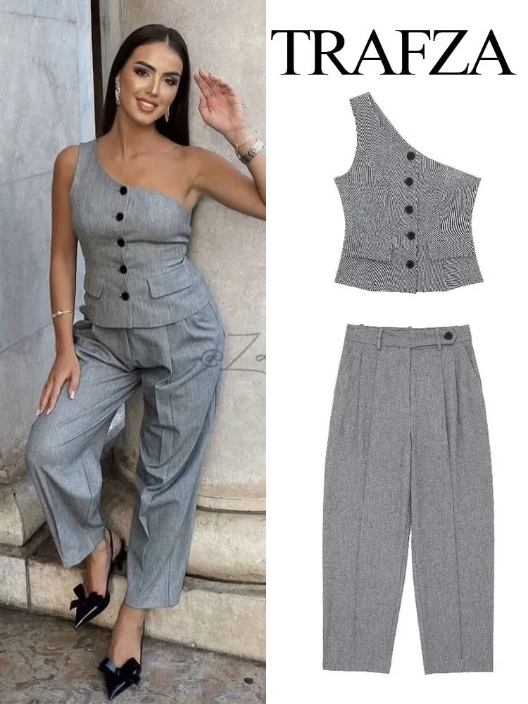

TRAFZA New Fashion Female Sets Summer Casual Women Asymmetrical Vest Sleeveless Short Tank Tops Solid Mid Waist Vintage Pants