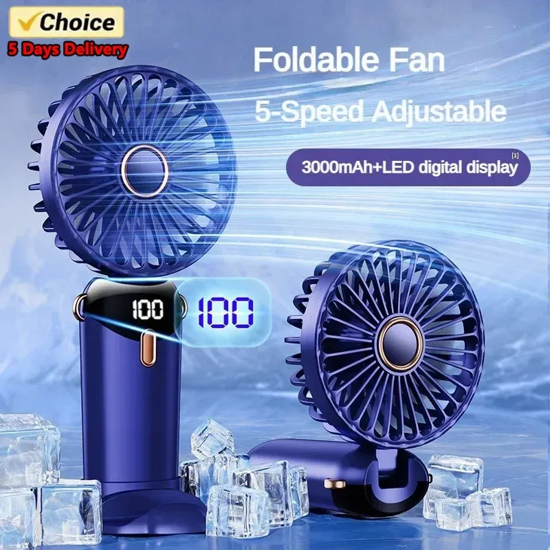 Portable Neck Fan - USB Rechargeable, Foldable, 5-Speed, w/ Phone Stand & AC Display
