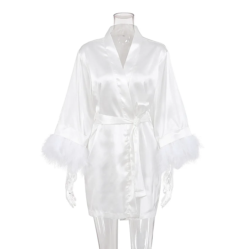 Women Satin Kimono Gown Robe Bling Nightgown Sexy Bride Bridesmaid Wedding Feather Robe V Neck Female Dressing Gown Home Dress