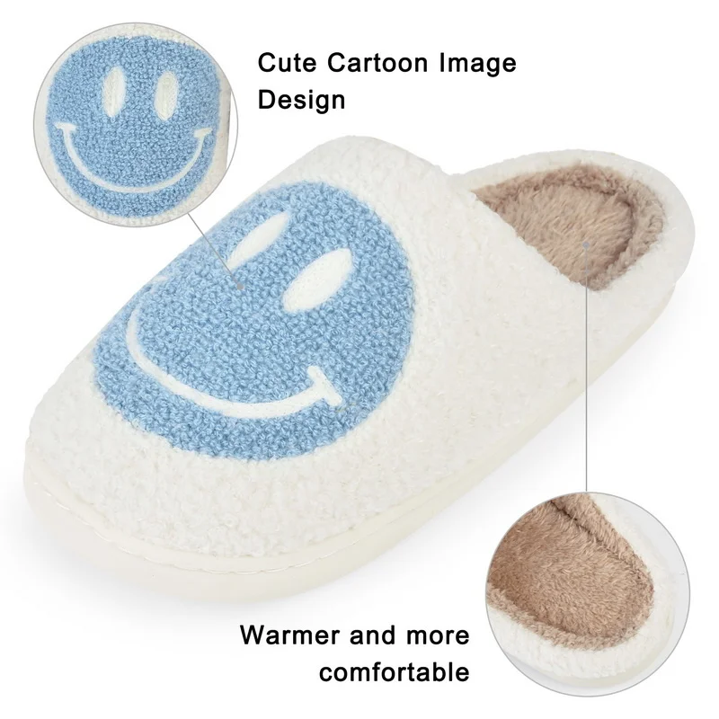 Women's and men's big smiling face pattern fur slippers, home slippers, autumn warm plush slippers, bedroom cotton shoes