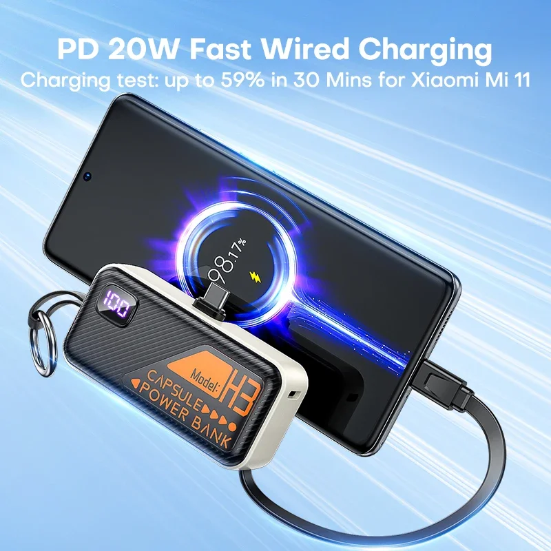 Mini Keychain Digital Display Power Bank Comes with Cable PD 20W 5000mah Fast Charging for IPhoneSamsung Xiaomi External Battery 2