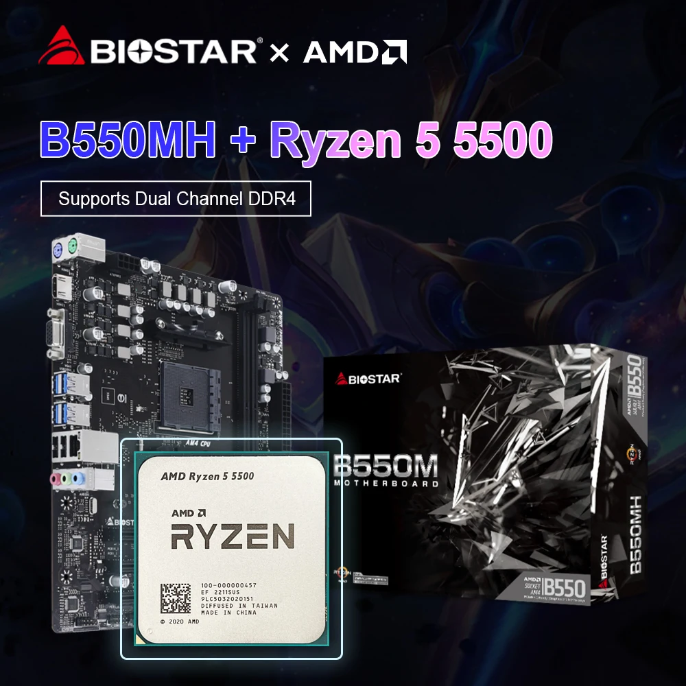 Biostar Nuova Scheda Madre Da Gioco B550Mh Amd B550M + Amd Ryzen 5 5500 R5 5500 Processore Cpu M.2 Nvme Sata3 Am4 Socket Placa Mae