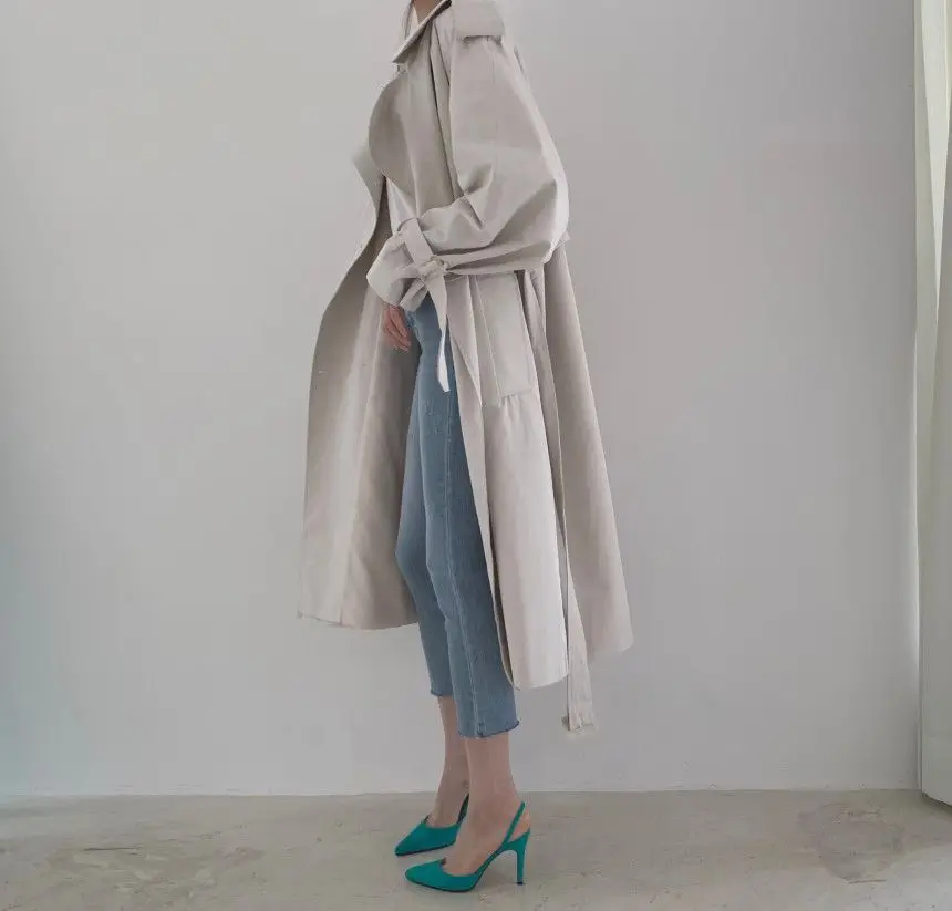 Women Long Trench Coat New Spring Autumn Casual Lapel Double Breasted with Belt Loose Coat Office Lady Korean Fashion Outerwear