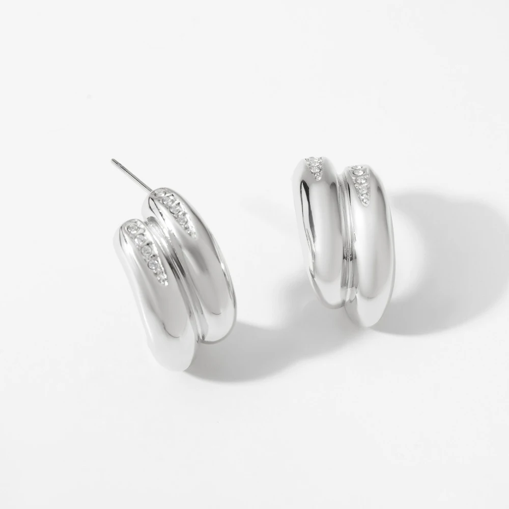 Vintage Two-tone Double C-shape Stud Earrings Polished 18K Gold Plated Mini Zircon Ear Hoops Simple Versatile Jewelry Wholesale