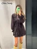 Sexy Ruffles Short Dress V-neck Long Lantern Sleeve Pleated Brown Party Dresses Female 2025 Spring Summer Lady Loose Vestidos 1