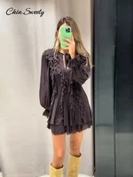 Sexy Ruffles Short Dress V-neck Long Lantern Sleeve Pleated Brown Party Dresses Female 2025 Spring Summer Lady Loose Vestidos 1