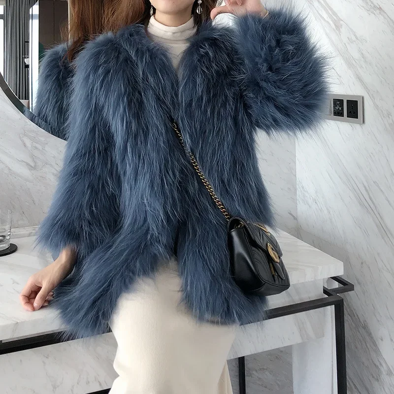 Raccoon Fur Woven Coat for Women Medium Length Fur Coat for Women‘s Clothing Autumn Winter 2023 Long Sleeve Jackets Thick Warm