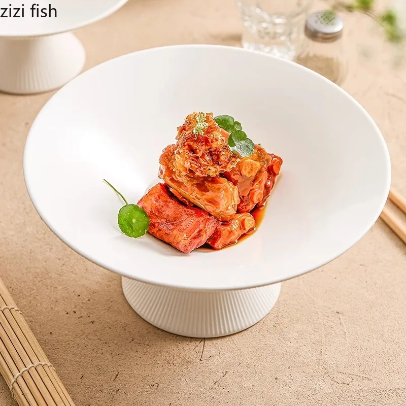 White Ceramic High Footed Plate Serving Dish Dessert Sushi Plate Pasta Dish Salad Molecular Cuisine Restaurant Tableware