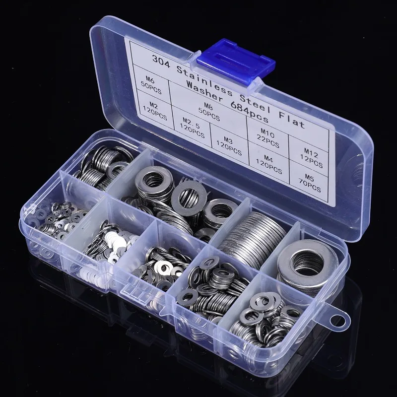 Stainless Steel Washer Set 684/180PCS M2-M12 Metal O Rings Fasteners Gaskets Screws Bolts Assortment Kits Hardware Washers