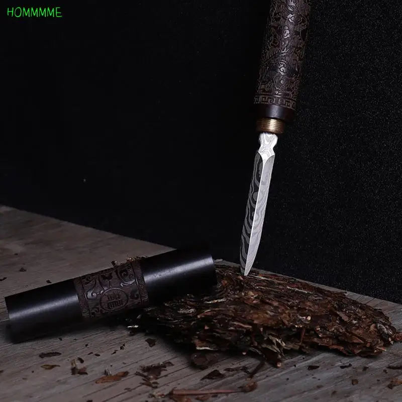 1Pc Stainless Steel Ebony Chinese Puer Tea Needle Cutter Damascus Tea Knife