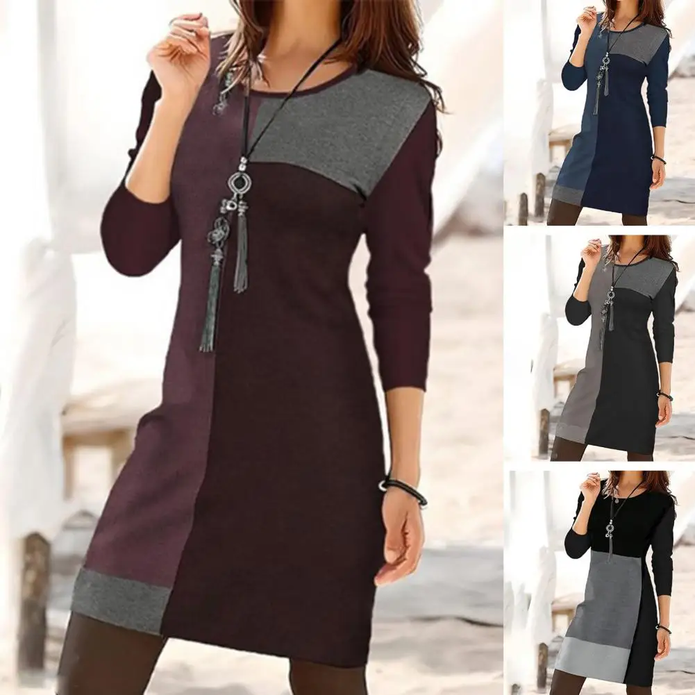 

Women Spring Dress Color Matching Geometric Round Neck Long Sleeve Loose Pullover Midi Dres Casual Knitted Sweater Mini Dress