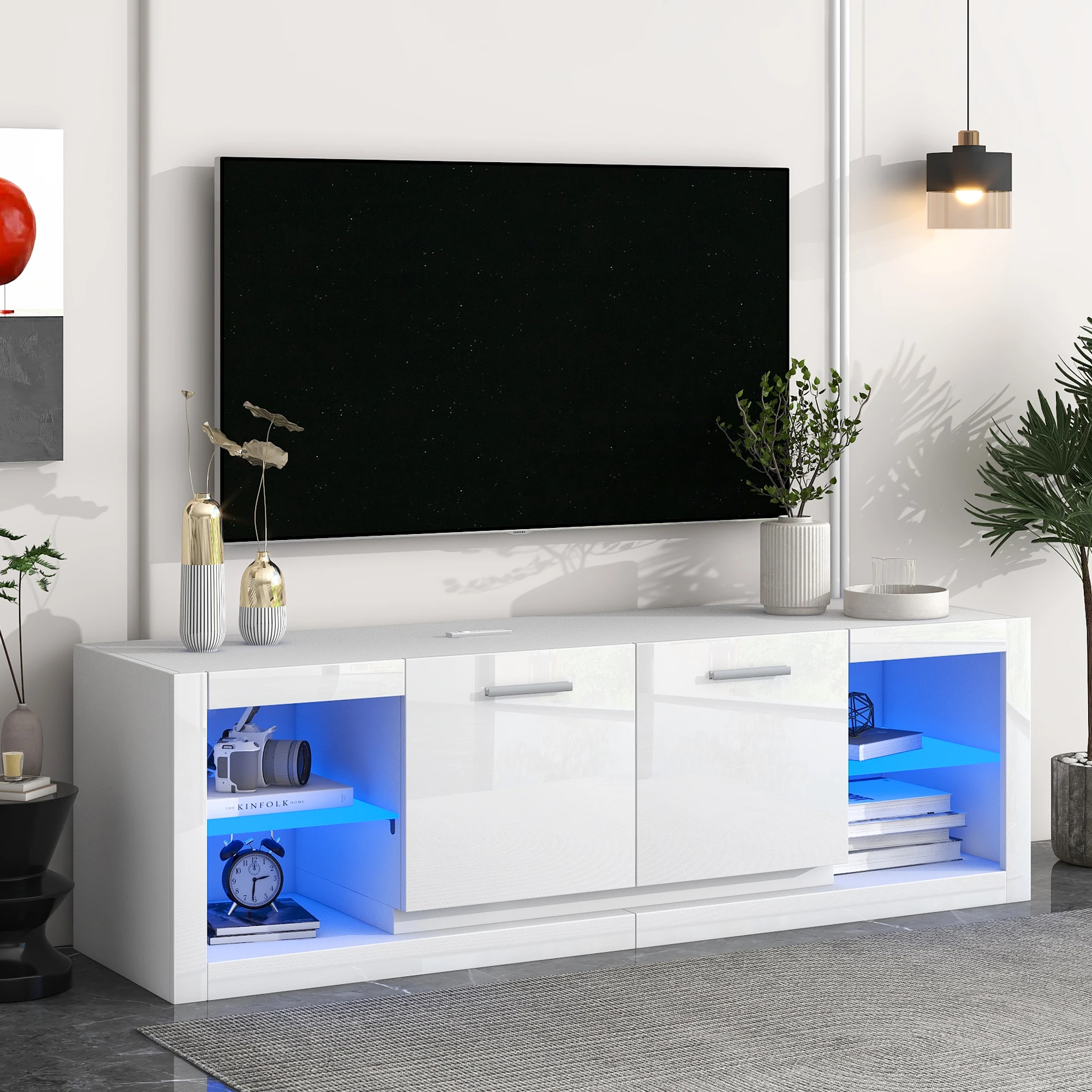 

Modern Elegant TV Cabinet TV Stand W/2 Tempered Glass Shelves&LED High Gloss Entertainment Center for TVs Up to 70" White/Black