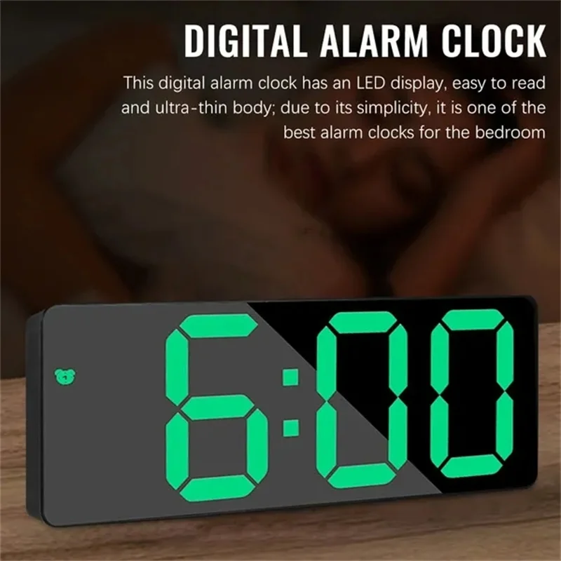 Description Picture 3 of itemLED Mirror Digital Alarm Clock Voice Control Table Clock Snooze Function 3 Brightness Adjustable 12/24H Electronic LED Clocks