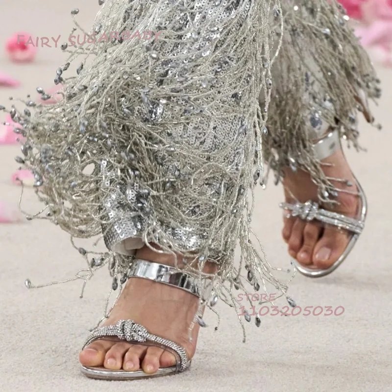 

Silver Crystal Strap Knotted Stiletto Heels Women Spring Shiny Open Sandals Round Slingback Glossy Sexy Girl Versatile Slippers