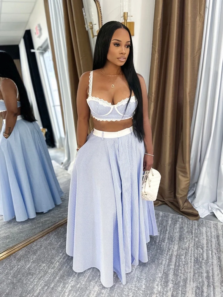 Wmstar 2025 New Summer Woman Light Blue Fashionable Lace Stitched Halter Top High Waist Skirt Stripes Long Dress Two Piece Sets