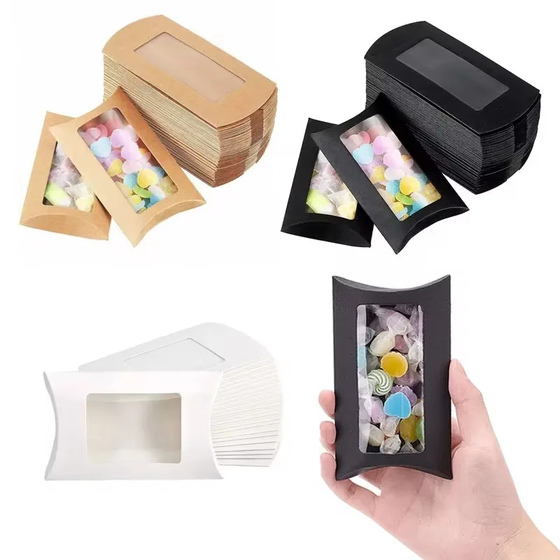 50PCS Pillow Shape Candy Box with Window Wedding Christmas Kraft Paper Cookie Gift Packaging Boxes Birthday Party Supplies