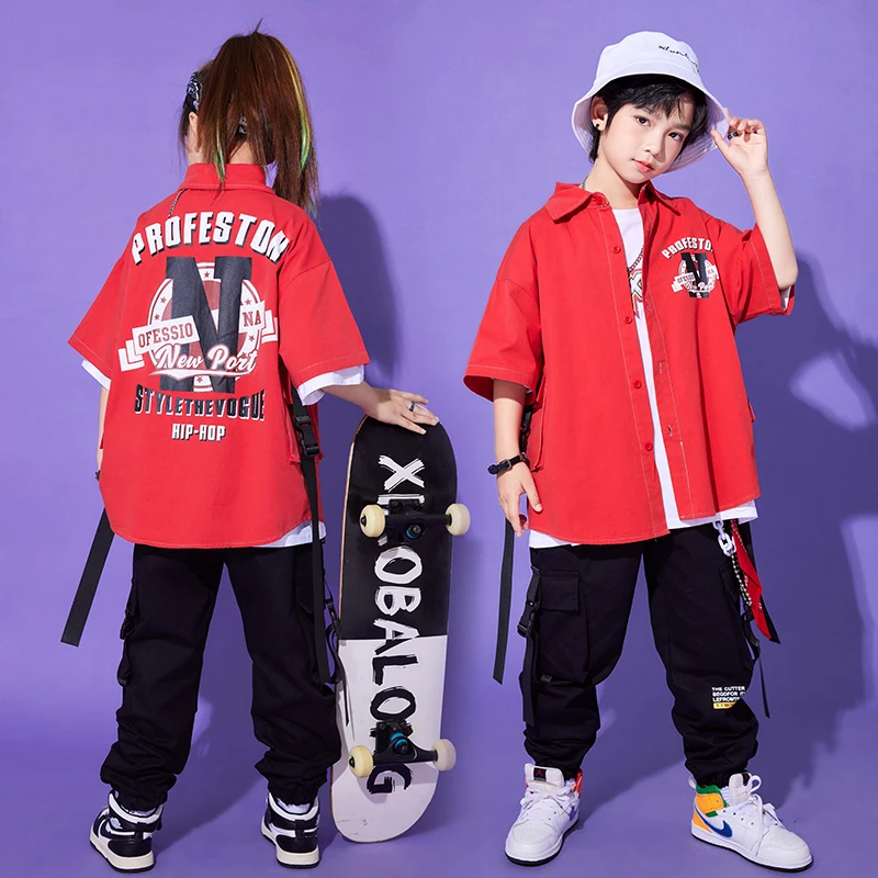 

Детская одежда в стиле хип-хоп, наряды в стиле Kpop, красная рубашка с коротким рукавом, карго, джоггеры, брюки для девочек и мальчиков, костюм для джазовых танцев для подростков, одежда