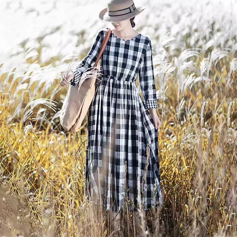 Limiguyue Breathable Cotton Linen Plaid Dress Women Big Swing Elastic Waist  Summer Dresses Literary Retro A-Line Vestidos E570 - AliExpress Limiguyue Breathable Cotton Linen Plaid Dress Women Big Swing Elastic Waist Summer  Dresses Literary Retro A-Line Vestidos E570 - AliExpress