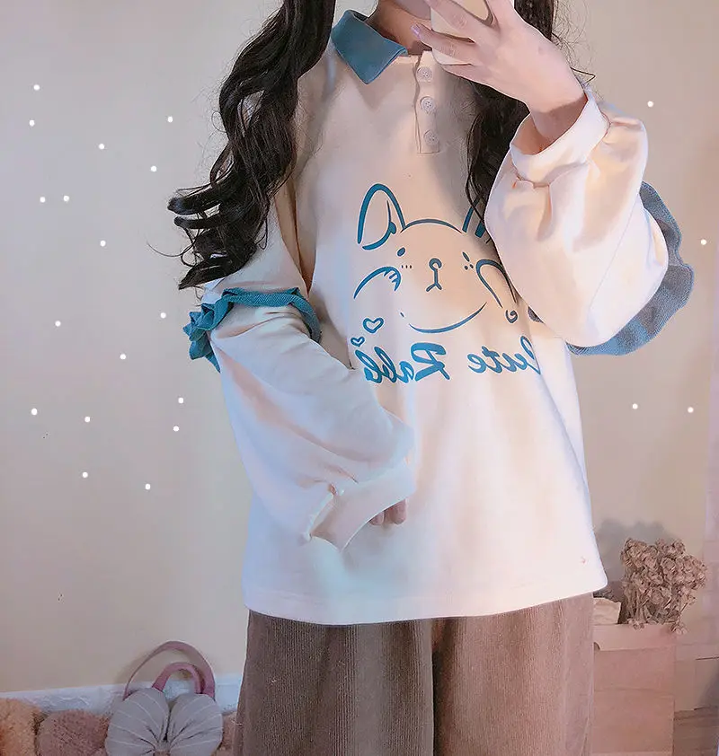 Soft Girls Cute Rabbit Female Hoodies Japanese Kawaii Bunny Graphic Vintage Women Sweatshirt Kpop Long Sleeve Ruffle Clothes candy color female denim shorts 2023 new summer high waist hot drilling a line wide leg jeans diamonds bunny casual hot shorts