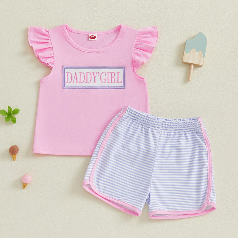 Toddler Infant Baby Girl Summer Outfits Letter Embroidery Fly Sleeve Tops Elastic Waist Shorts 2Pcs Clothes Set