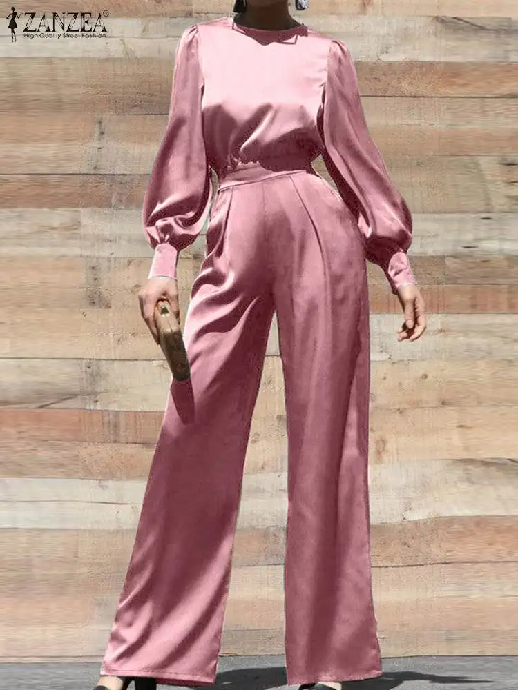 ZANZEA Wide Leg Pant Satin Silk Jumpsuits Women Fashion Long Puff Sleeve Cinched Waist Overalls Elegant   O-neck Long Playsuits