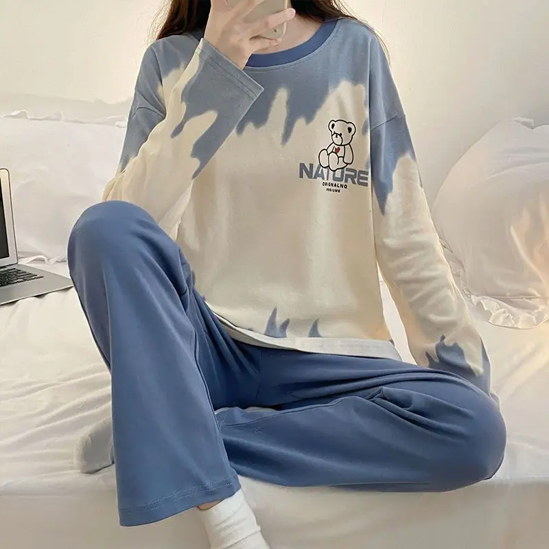 

SUO&CHAO New Spring Autumn Korean Pajamas Sets For Women's Casual Long Sleeve Round Neck And Pants Print Nightgown Homewear
