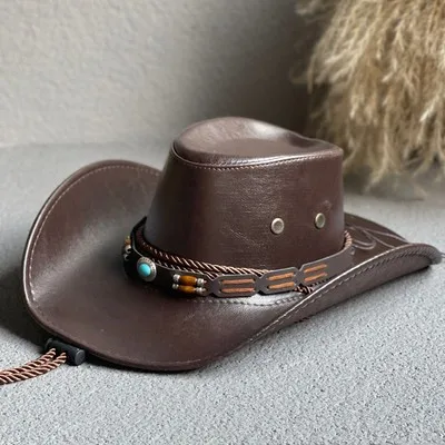 Vintage-Style Faux Leather Cowboy Hat - Unisex Western Dress Hat