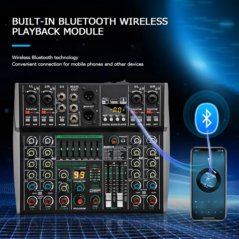 6채널 믹싱 콘솔 48V 99 DSP 이펙트 블루투스 로메호 오디오 DJ 믹서 USB PC 재생 녹음 팟캐스트 사운드 테이블