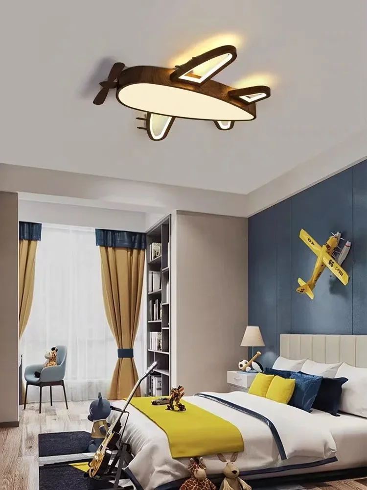 LED Nordic Children's Bedroom Simple Aircraft Personality Modern Wood Grain Ceiling Lamp